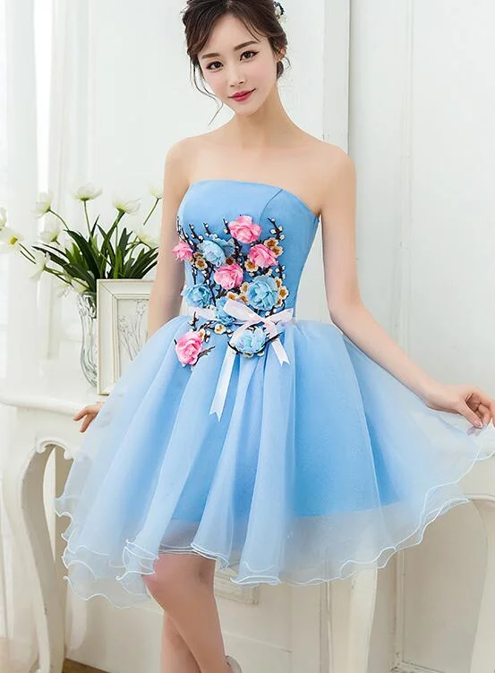 Lovely Blue Organza Short Party Dress with Flowers, Blue Homecoming Dress Tunics Hiking breathable