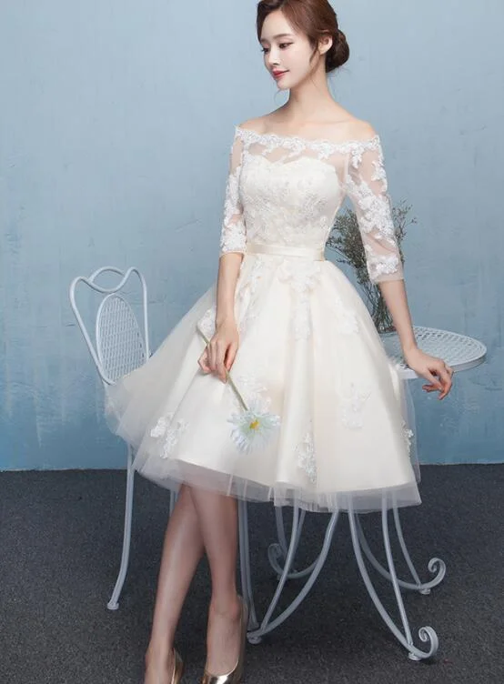 Lovely Ivory Short Tulle Prom Dress , Off Shoulder Party Dress with Lace Tunics Versatile functional