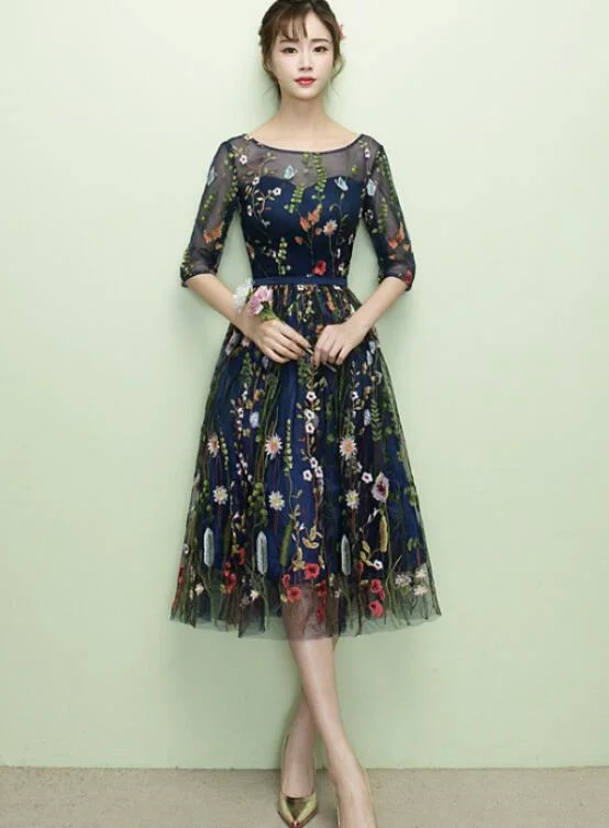 Lovely Navy Blue Lace Floral Knee Length Bridesmaid Dress, Blue Short Party Dress Tunics Sophisticated sleek