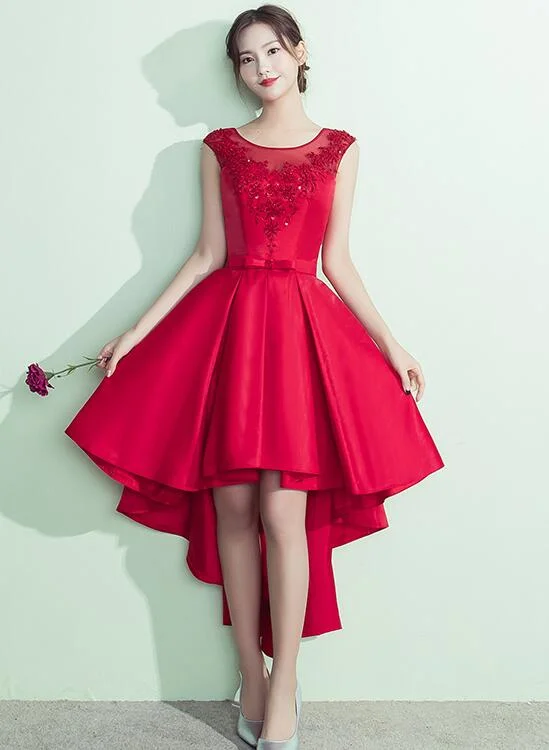 Lovely Satin High Low Round Neckline Party Dress, Red Homecoming Dress Tunics Solid Classic