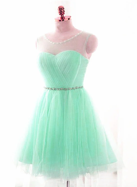 Mint Green Tulle Round Beaded Tulle Party Dress, Short Prom Dress Homecoming Dress Tunics Vintage classic