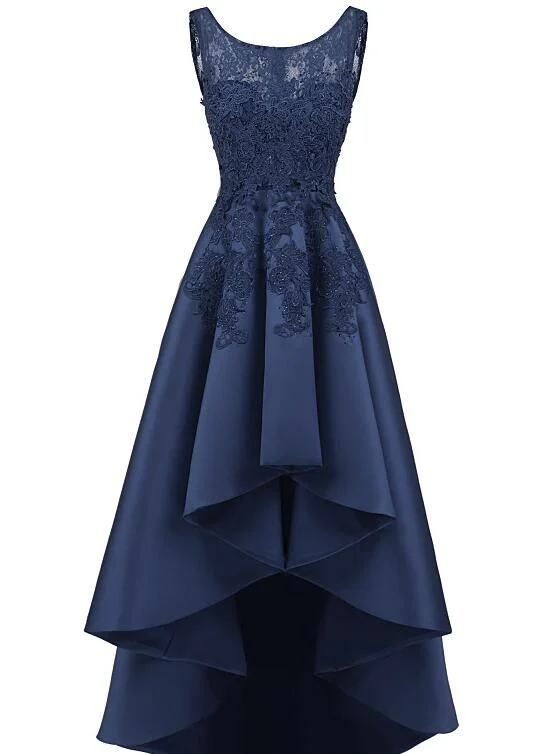 Navy Blue Lace Beaded Wedding Party Dresses, High Low Bridesmaid Gowns Formal Crew Neckline Sporty