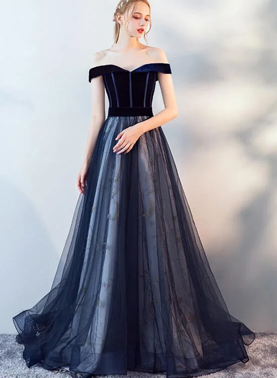 Navy Blue Off Shoulder Tulle with Velvet Long Party Dress, Blue Prom Dress, Evening Dress High-Low Hemline Casual