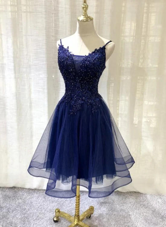 Navy Blue V-neckline Tulle Short Homecoming Dress, Lace Applique Short Party Dress Tunics stripes playful