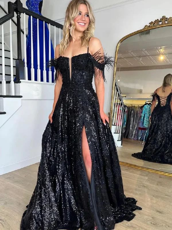 Off Shoulder Black Lace Prom Dresses, Off the Shoulder Black Lace Sequins Formal Evening Dresses sweetheart Neckline Romantic