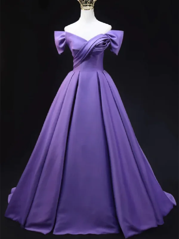 Off Shoulder Purple Satin Long Prom Dresses, Off the Shoulder Purple Satin Long Formal Evening Dresses Peplum Ruffle Cocktail