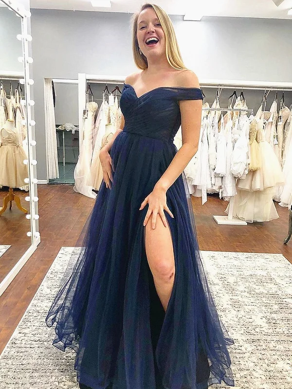 Off the Shoulder Dark Navy Blue Prom Dresses, Navy Blue Tulle Bridesmaid Formal Evening Dresses Halter Neckline Beach