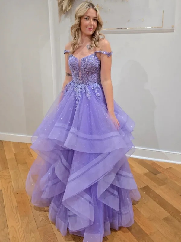 Off The Shoulder Fluffy Lilac Lace Long Prom Dresses,  Purple Lace Off Shoulder Formal Evening Dresses Tunics Cozy soft