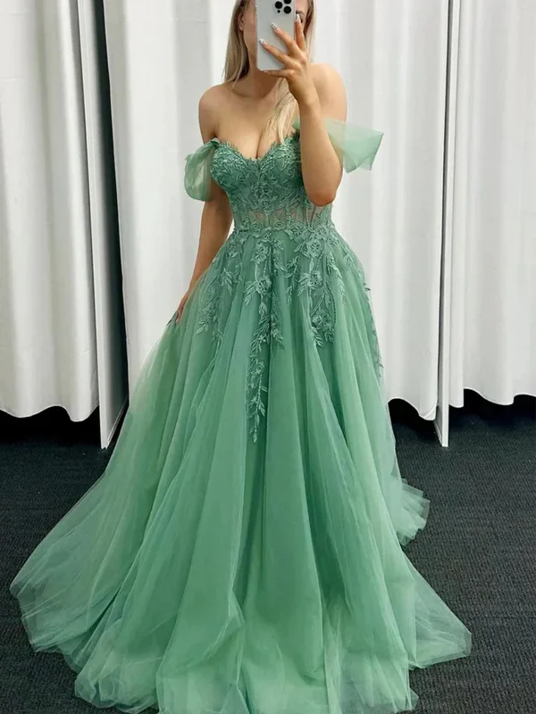 Off the Shoulder Green Lace Tulle Long Prom Dresses, Off Shoulder Lace Green Formal Evening Dresses Bodycon Fitted Nightout