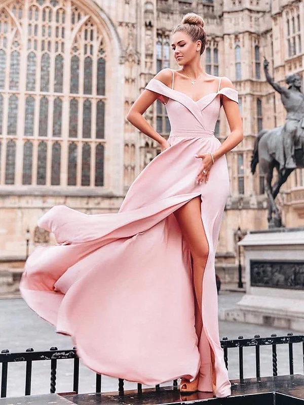 Off the Shoulder Pink Floor Length Prom Dresses Long, Pink Long Off Shoulder Bridesmaid Evening Dresses Tunics Seasonal trendy