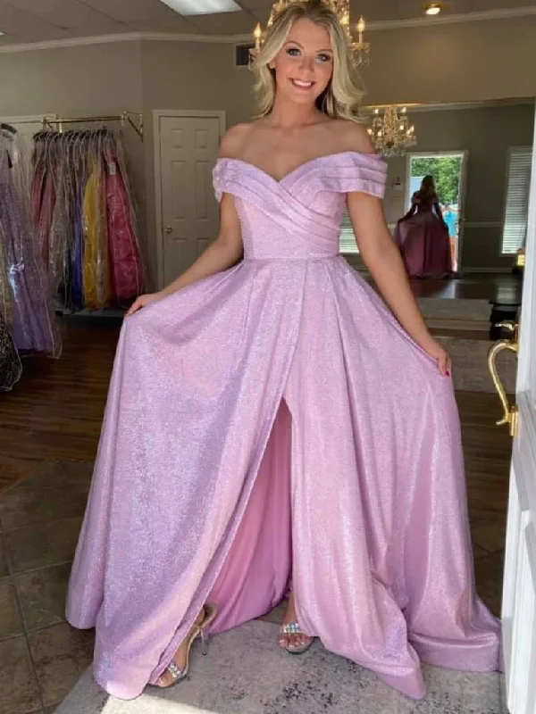 Off The Shoulder Pink Long Prom Dresses with High Slit, Off Shoulder Pink Long  Formal Graduation Evening Dresses Tunics Favorite customer