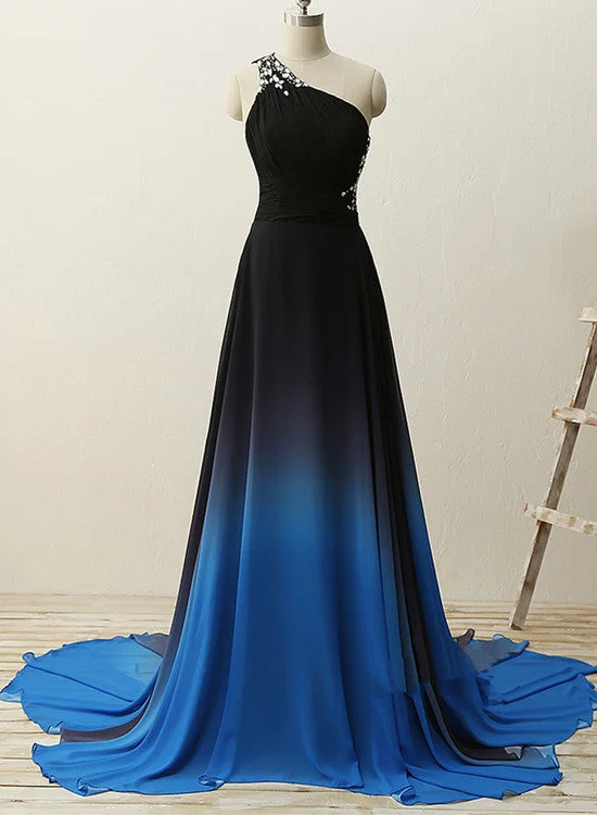 One Shoulder Beaded Chiffon Gradient Long Party Dress, Blue Formal Dress, Prom Dress Tunics Top Casual