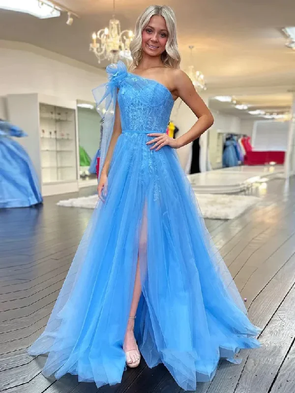 One Shoulder Blue Lace Long Prom Dresses with High Slit,  One Shoulder Blue Formal Evening Dresses Tunics Spring floral