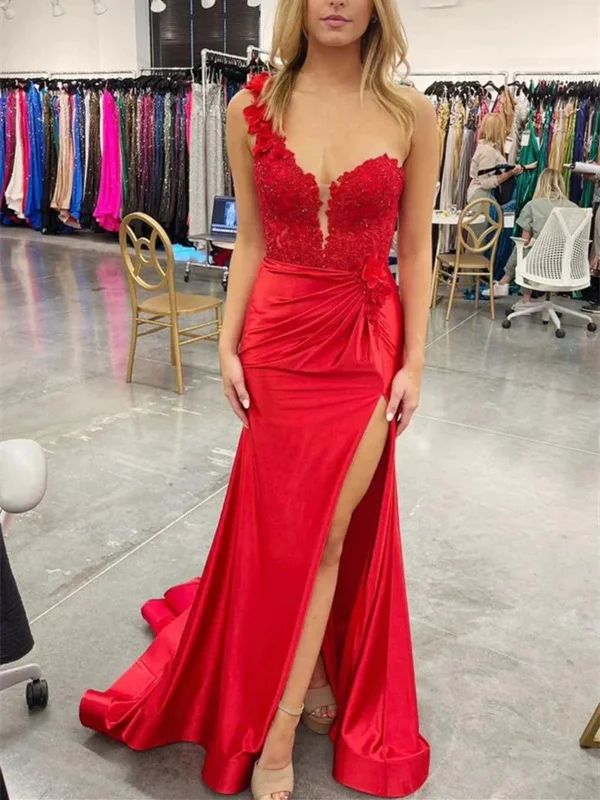 One Shoulder Mermaid Red Lace Floral Long Prom Dress with High Split, One Shoulder 3D Floral Lace Pleated Red Mermaid Formal Evening Dresses Tunics Summer linen