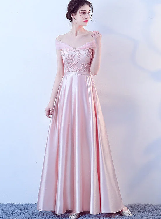 Pink Off Shoulder Lace and Satin Evening Dress, Pink Long Prom Dresss Tunics Yoga stretchy