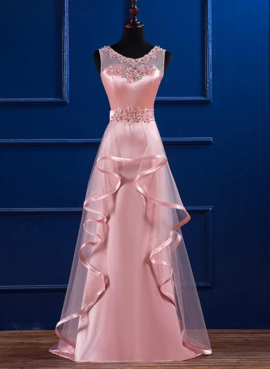 Pink Satin and Tulle Layers Long Party Dress with Lace Applique, Pink Formal Dress empire Waist empire