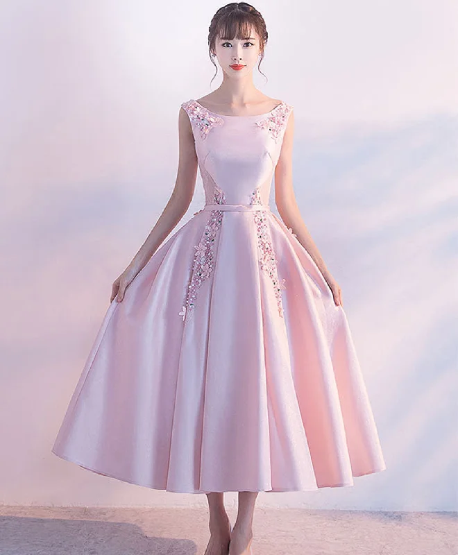 Pink Satin Lace Tea Length Prom Dress, Pink Evening Dress Tunics Prom sequined