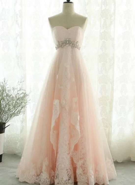 Pink Sweetheart Lace and Beaded Long Prom Dress, Pink Tulle Evening Dress Tunics Fashionable trendy