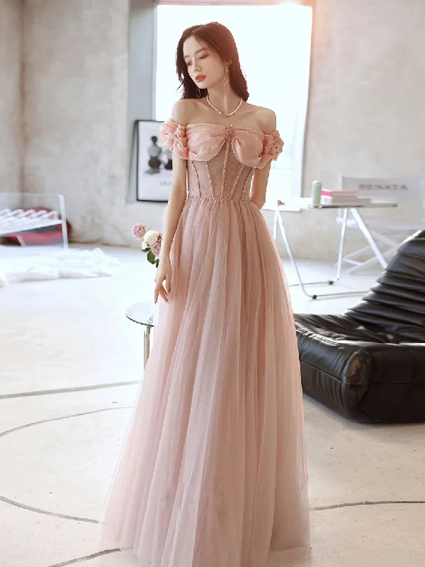 Pink Sweetheart Neck Tulle Beads Long Prom Dress, Pink Evening Dress Lace Sexy Club