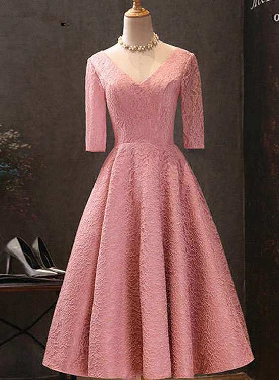 Pink V-neckline Lace Short Sleeves Tea Length Wedding Party Dress, Short Prom Dress Peplum Ruffle Cocktail