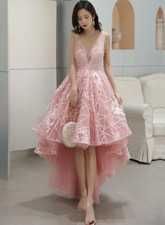 Pink V-neckline Tulle Lace High Low Party Dress, Pink Formal Dress Homecoming Dress empire Waist empire