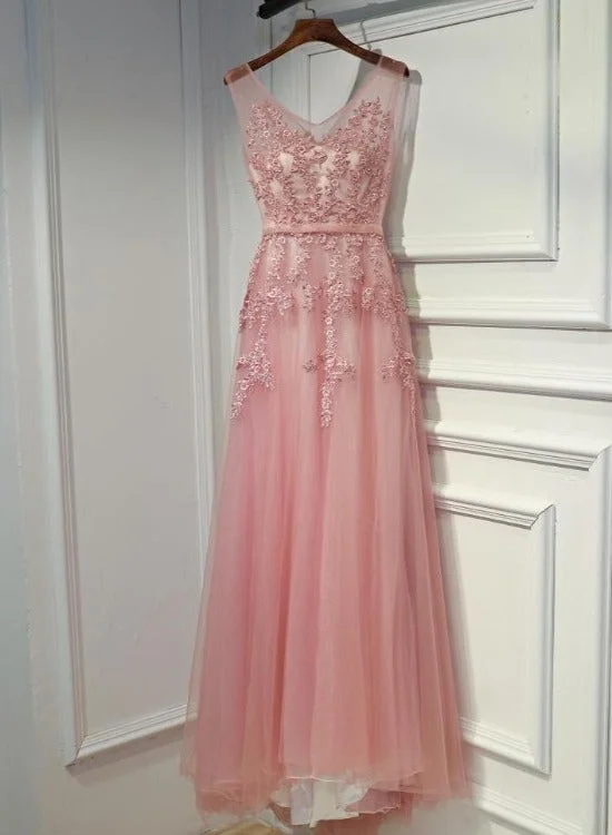 Pink V-neckline Tulle Long Party Dress, Pink Prom Dress Formal Dress Tunics Party sparkling