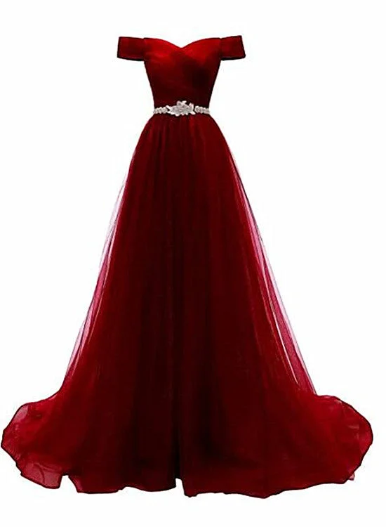 Pretty Dark Red Off Shoulder Long Party Dress with Beadings, Tulle Evening Dress Tunics Summer linen