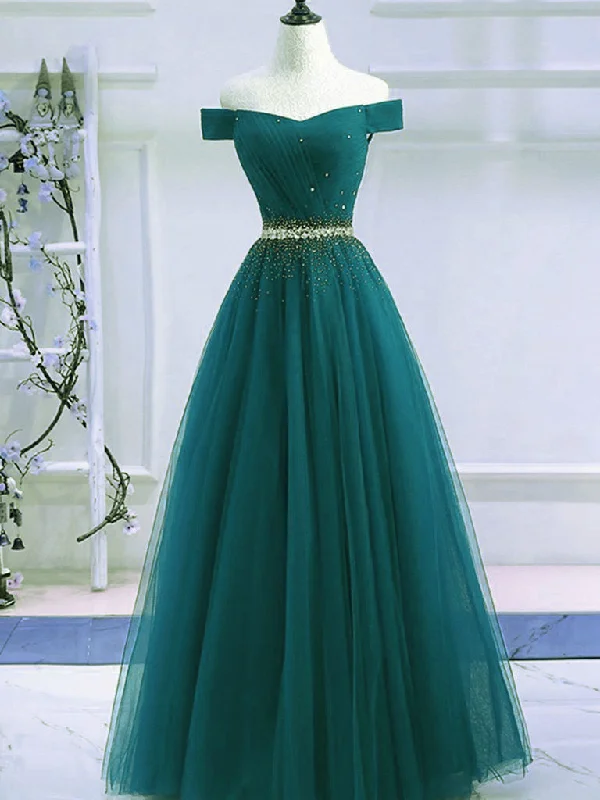 Pretty Hunter Green Off Shoulder Beaded Prom Dress, Long Evening Dress, Party Dress Glittery Long Formal