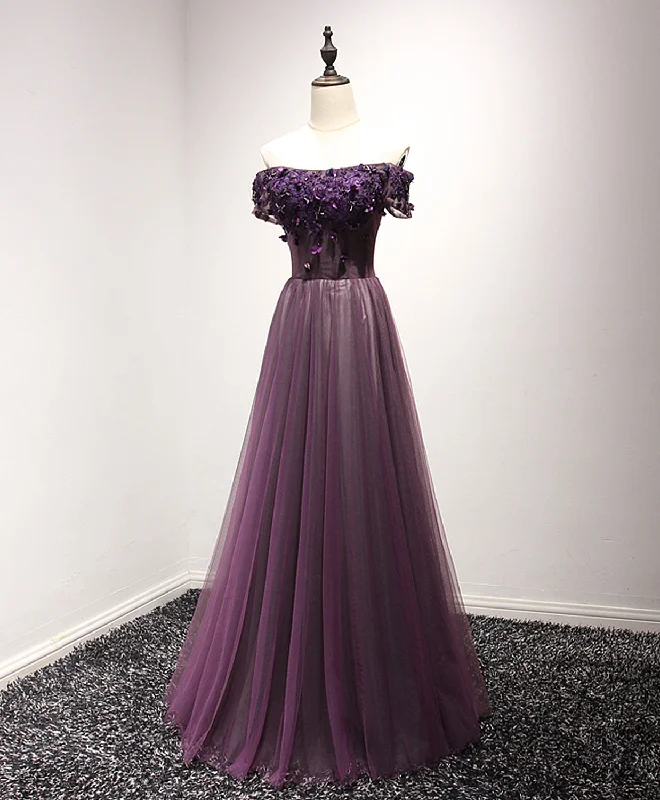 Purple Tulle Lace Off Shoulder Long Prom Dress, Purple Evening Dress Tunics Evening elegant