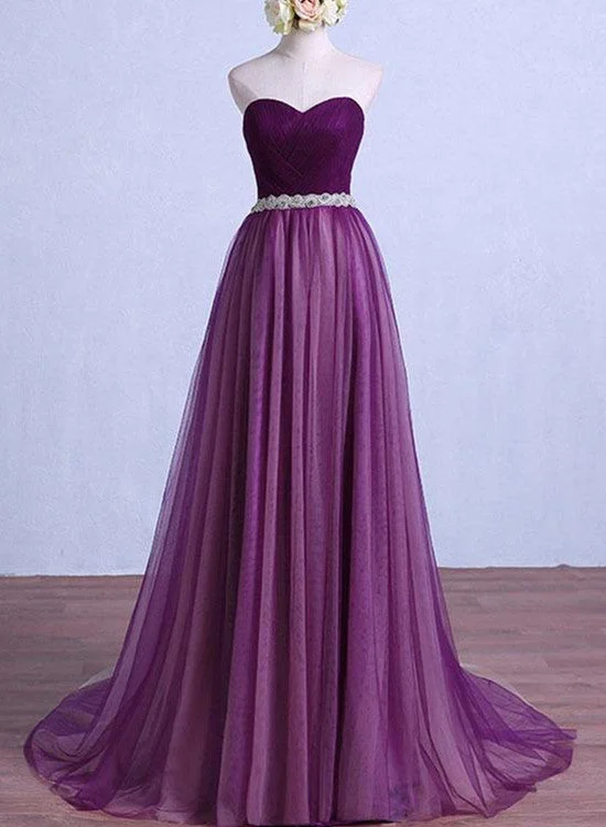 Purple Tulle Sweetheart Long Wedding Party Dress with Belt, Purple Prom Dress Bridesmaid Dress Tunics Chic elegant