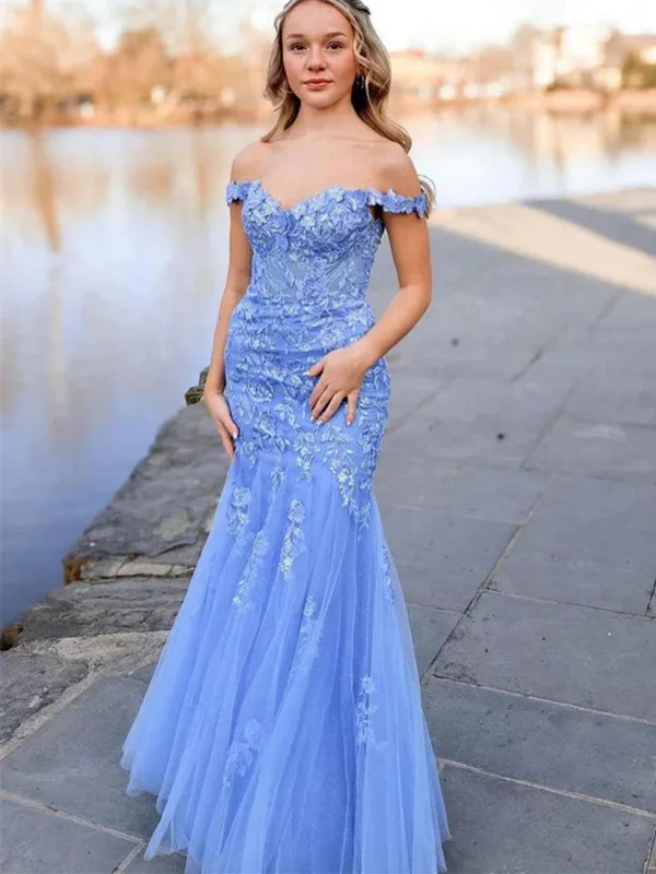 Off The Shoulder Mermaid Blue Lace Long Prom Dresses, Off Shoulder Mermaid Blue Lace Formal Evening Dresses Sequined Elegant Party