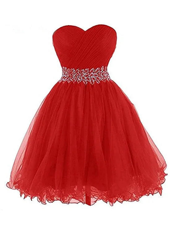 Red Beaded Sweetheart Tulle Homecoming Dress, Red Party Dress Tunics Long Elegant