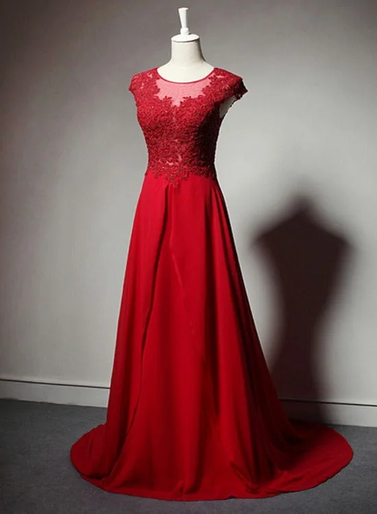 Red Chiffon Lace Applique Long Formal Dress, Red Party Dress Evening Dress Satin Halter Glamorous