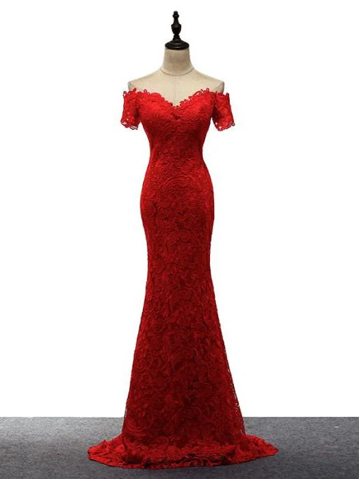 Red Lace Mermaid Long Wedding Party Dress, Off Shoulder Lace Bridesmaid Dress Tunics Plaid country