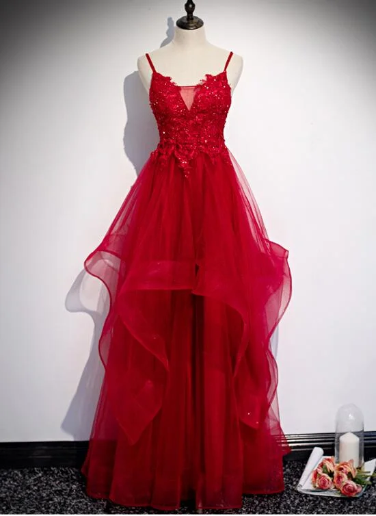 Red Lace Tulle Layered Straps Fashionable Long Party Dress, Long Prom Gown Tunics Sale discount