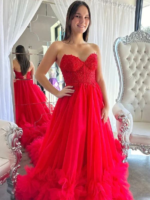 Red  Ruffle Long Lace Prom Dresses, Ruffle Long Lace Formal Evening Dresses Cowl Neckline Elegant