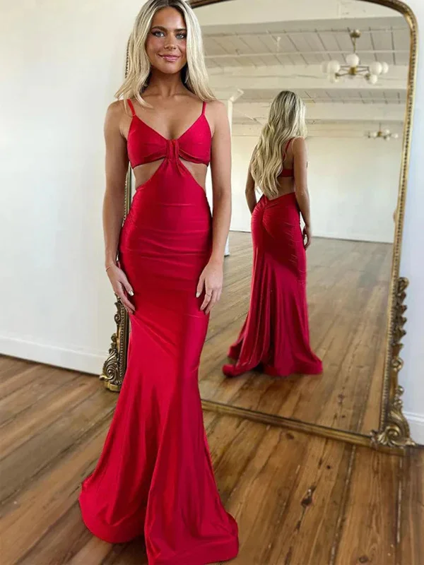 Sexy Spaghetti Straps Red Mermaid Satin Long Prom Dresses, Sheath Red Satin Long Formal Evening Dresses Tunics Top rated