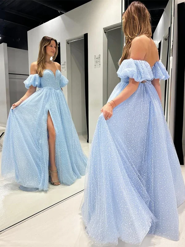 Shiny A Line Sweetheart Neck Off Shoulder Blue Tulle Long Prom Dresses, Off The Shoulder Tulle Blue Formal Evening Dresses Tunics Versatile functional