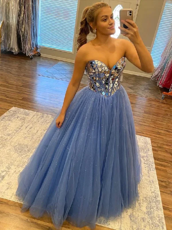 Shiny Sequins Strapless Blue Tulle Long Prom Dresses, Strapless Blue Formal Evening Dresses Tunics Cozy comfortable