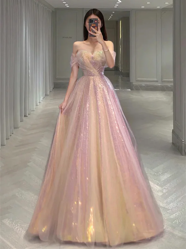 Shiny Sequins Tulle Long Prom Dresses,  Off the Shoulder Tulle Formal Evening Dresses Off-the-shoulder Bohemian Festive