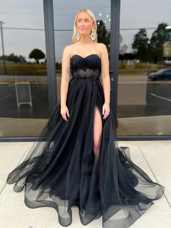 Shiny Strapless Black Tulle Long Prom Dresses with High Slit,  Lace Tulle Long Black Formal Graduation Evening Dresses Tunics Canvas sturdy