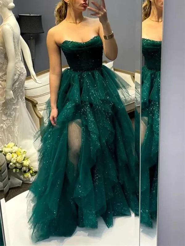 Shiny Strapless High Low Green Tulle Long Prom Dresses, Green Tulle High Low Formal Evening Dresses Tunics Corduroy durable