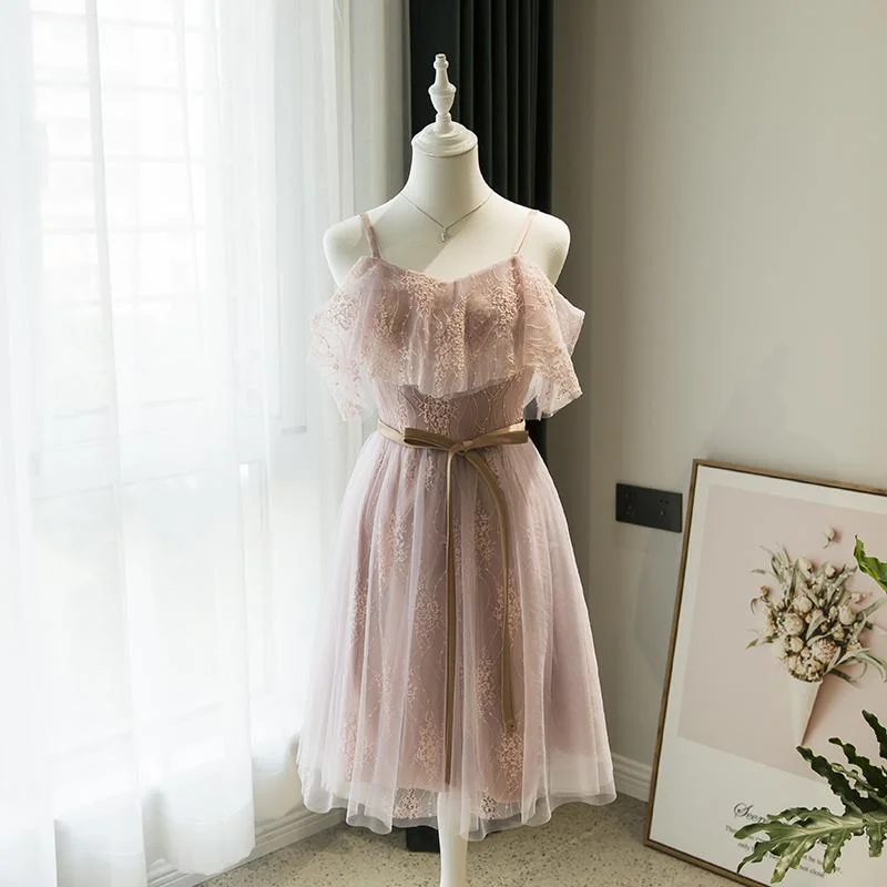 Short Party Dress Homecoming Dress Pink Lace Straps Short Bridesmaid Dress   cg16502 Tunics Designer luxury