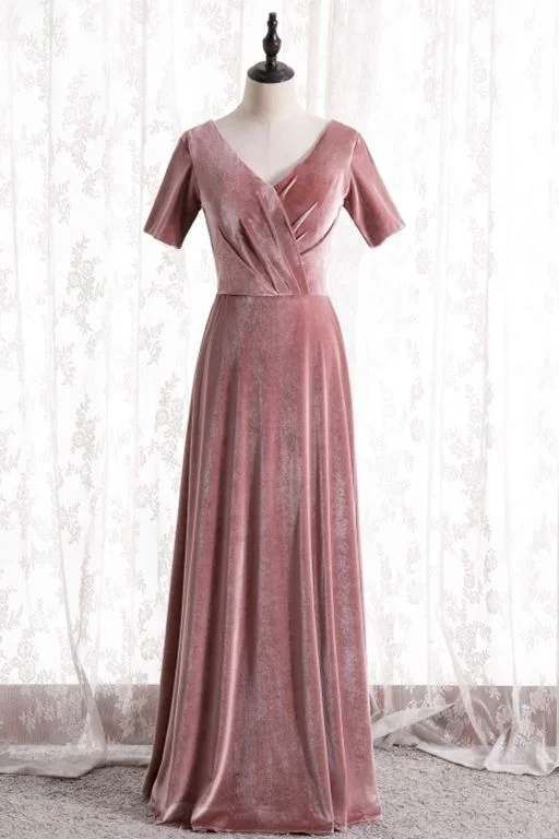 short sleeves blush velvet long party dress bridesmaid dresses prom dress    cg20230 Tunics Chinos classic