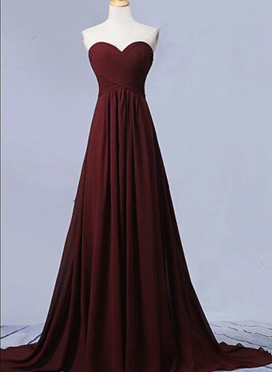 Simple Maroon Chiffon Sweetheart Long Party Dress, A-line Bridesmaid Dress Tunics Luxurious premium