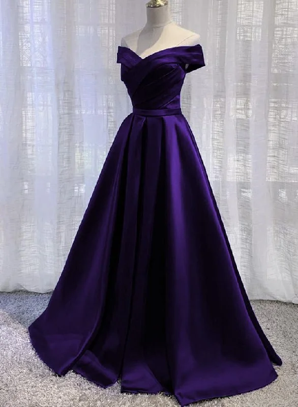 Simple Off Shoulder Satin Long Prom Dress, Dark Purple Party Dress Evening Gown Tunics New arrival