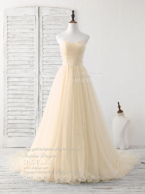 Simple Sweetheart Champagne Tulle Long Prom Dress Champagne Evening Dress A-Line Day Work