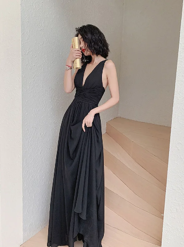 Simple V Neck Chiffon Black Long Prom Dress, Black Evening Dresses Tunics Recommended stylist