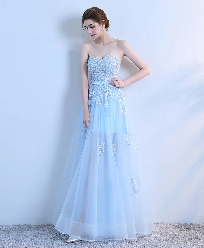 Sky Blue Lace Long Prom Dress, Lace Evening Dress Glittery Long Formal