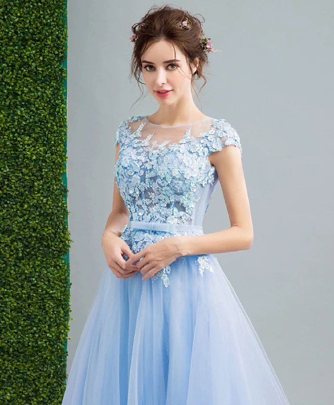 Sky Blue Lace Tulle Long Prom Dress, Lace Evening Dress Tunics Distressed trendy